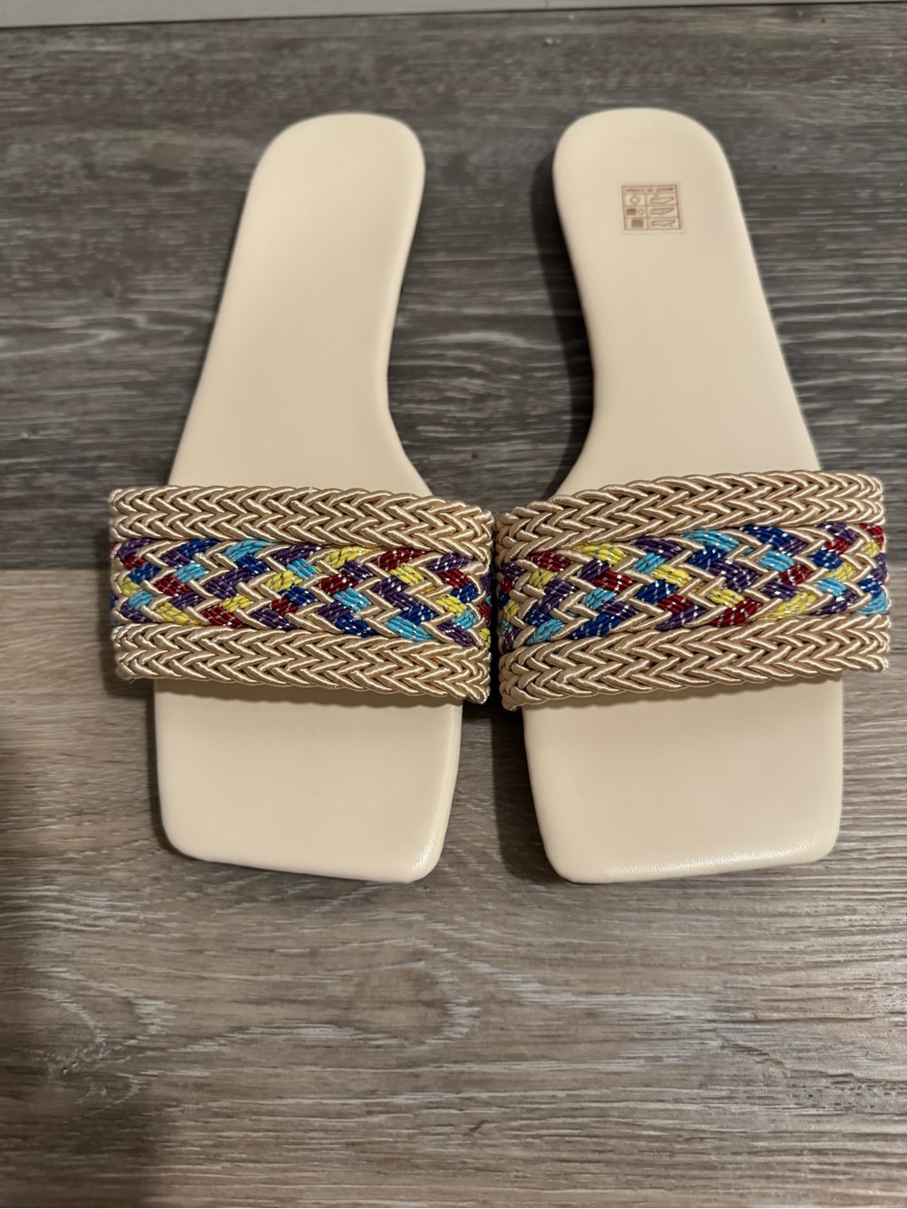 Beige Multicolor Polyester Beaded Slide Sandal Slip-On Casual Solid Women's US 9